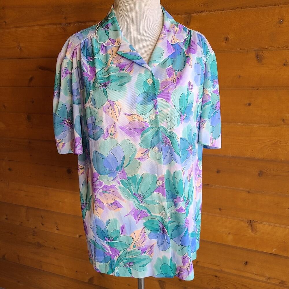 Vintage 80's Graff Watercolor Button Down Top Floral Retro Pastel Blouse Boho